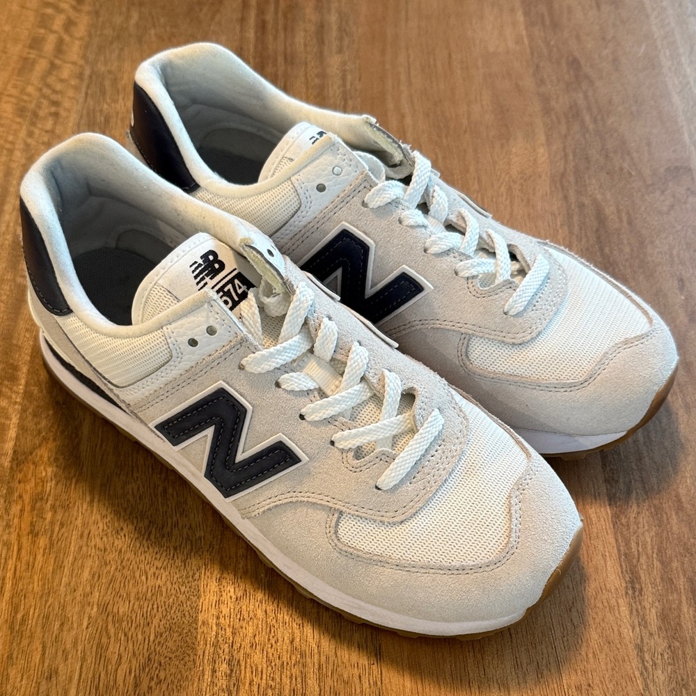 New Balance White and Navy 574 Sneakers